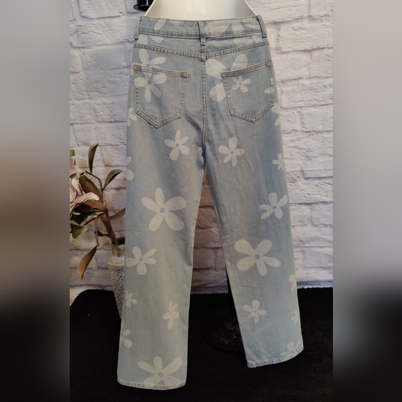 NWOT Floral Print Straight Leg Jeans High Waist Zipper Fly CasualDenim Long Pant - Picture 3 of 10